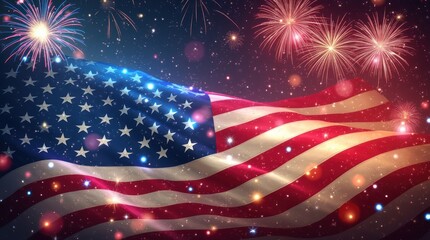 Fireworks Illuminate American Flag During Vibrant Fourth of July Celebration