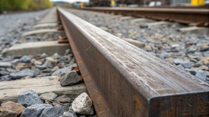 A closeup image of a single oversized metal beam resting on a gravel bed with its surface etched from weather exposure. The grainy texture and the weighty presence of the beam