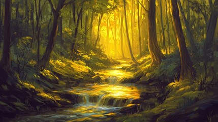 Obraz premium Golden Forest Stream Impressionistic Digital Painting of a Sunlit Waterfall, Landscape Art, Nature Scene Digital Painting, Forest River