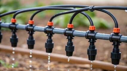 A closeup image of flexible tubing connected to a modular irrigation manifold showing various spray nozzles each designed for specific plants. The intricate arrangement emphasizes
