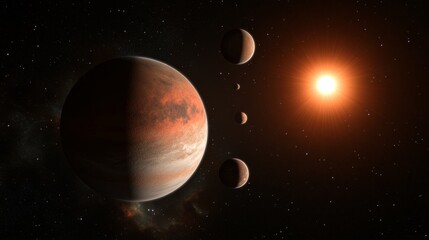 Fototapeta premium Exoplanet System Orange Star, Terrestrial Planet, Digital Art, Space, Astronomy Exoplanet, Planetary System