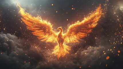 Obraz premium Fiery Phoenix Digital Art, Wings of Fire, Rebirth Concept, fantasy, mythical bird phoenix, firebird