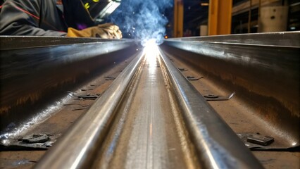 A closeup of a completed weld at a rail joint showcasing the smooth shiny surface of the freshly applied weld bead. The surrounding area reveals the contours of the rail and hints