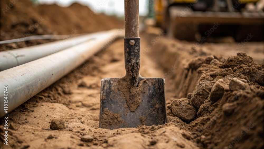 Poster A closeup of a manual excavation tool embedded in the soil surrounded by small piles of earth. The tools rugged texture contrasts sharply with the smooth surface of a freshly pipe