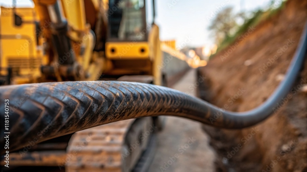 Poster a closeup of a hydraulic hose draped over a parked excavator showcasing the wear and tear from rigor