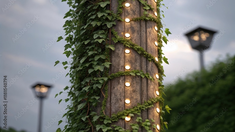 Poster a closeup of a modular lighting pole adorned with climbing plants showcasing how nature can be integ
