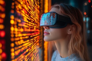 Woman wearing VR headset, viewing futuristic data display.