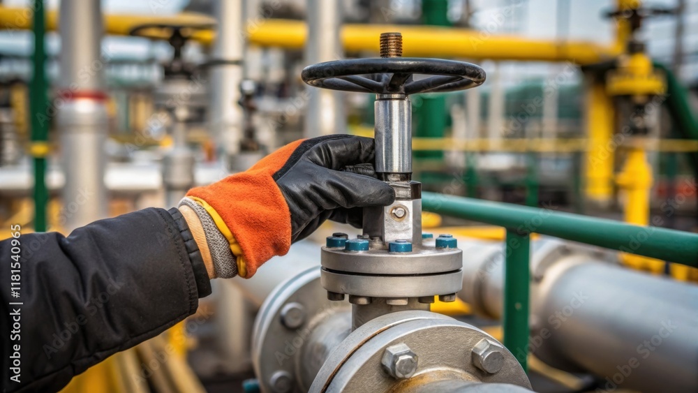 Fototapete A closeup of an operators gloved hand adjusting a valve with the focused expression visible on their face surrounded by a chaotic blend of pipes and hoses that s around the asphalt
