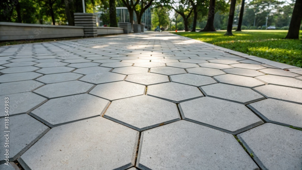 Aufkleber A closeup of a pattern of hexagonal pavers in a modern plaza featuring clean lines and a minimalist aesthetic. The brightness of the freshly installed stones contrasts against a