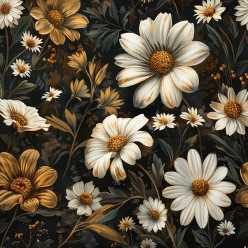 Beautiful floral arrangement featuring white and golden daisies against a dark background, showcasing intricate botanical details