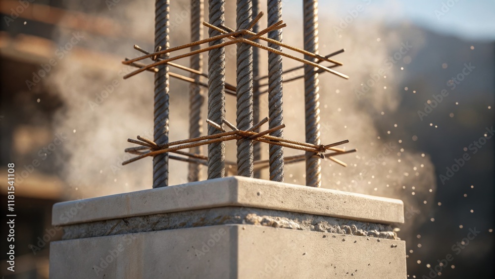 Poster A closeup of a pillars geometric form reveals intricate reinforcing bars protruding from its core suggesting the preparation for the weight it will eventually support. Dust