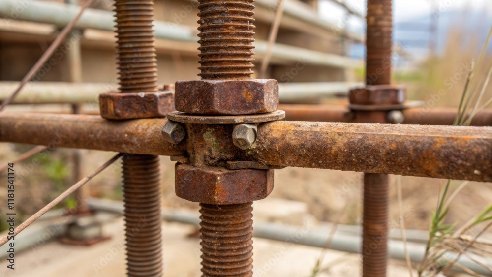 Aufkleber A closeup of a set of rusted bolts and fasteners that bind the scaffolding elements together emphasizing the strength and durability required for the construction. The surrounding
