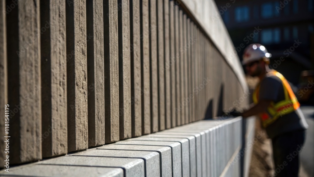 Aufkleber A closeup of a retaining wall section features stark vertical grooves that catch the light revealing shadows and depth. The image captures a worker in the background partially