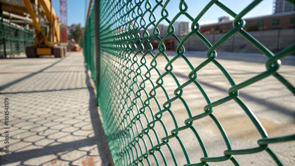 Poster A closeup of a section of fencing reveals the intricate weave of protective mesh where light filters through casting delicate shadows on the ground. The greenish tint of the