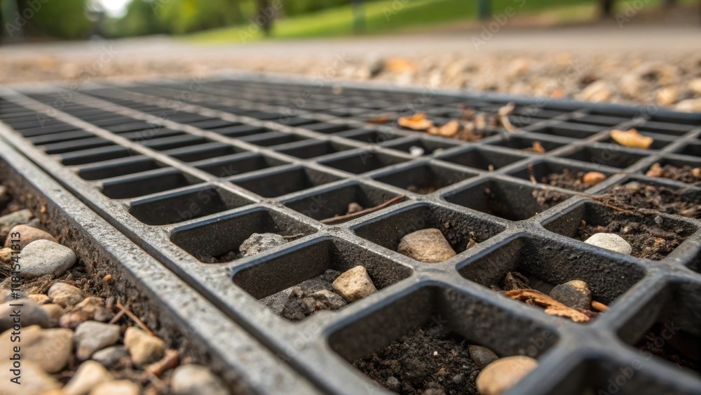 Poster A closeup of a single grates corner showcasing its locking mechanism intertwined with gravel and soil. The detailed craftsmanship contrasts with the organic materials around it
