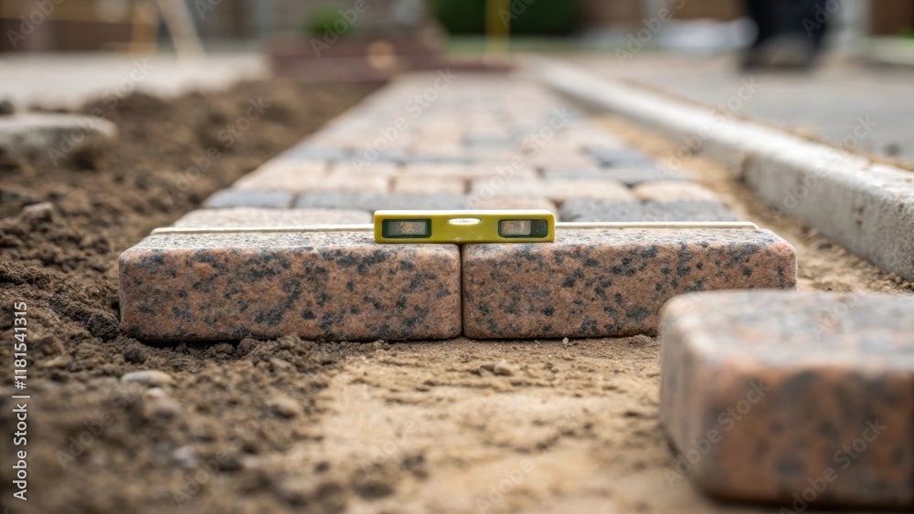 Poster A closeup of a single paving stone being set into place with dirt and gravel around its edges. The stones surface features a unique mottled pattern and a small level rests atop it