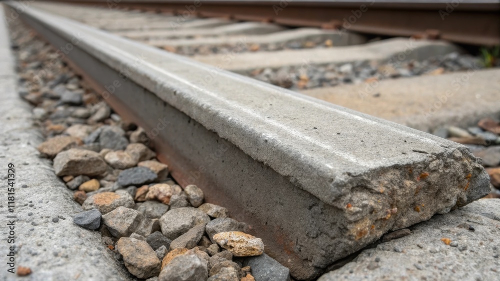 Poster a closeup of a single precast concrete rail tie reveals the intricate details of its end with expose
