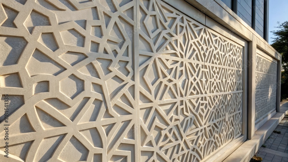 Aufkleber A closeup of a single precast cladding panel displaying intricate geometric patterns embossed on its surface. The shadows cast by the panel create a striking interplay of light