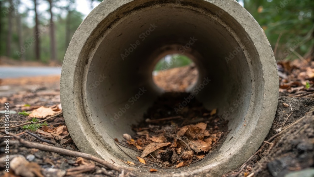 Fototapete a closeup of a single large concrete pipe lying on the ground revealing its circular opening filled 