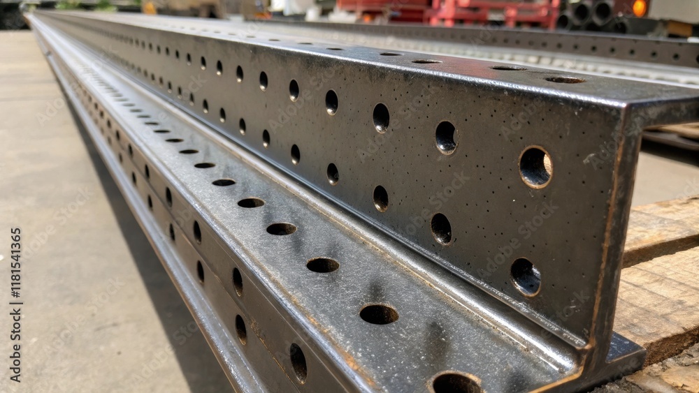 Aufkleber a closeup of a steel beam end revealing a complex array of drilled holes for bolting connections. th
