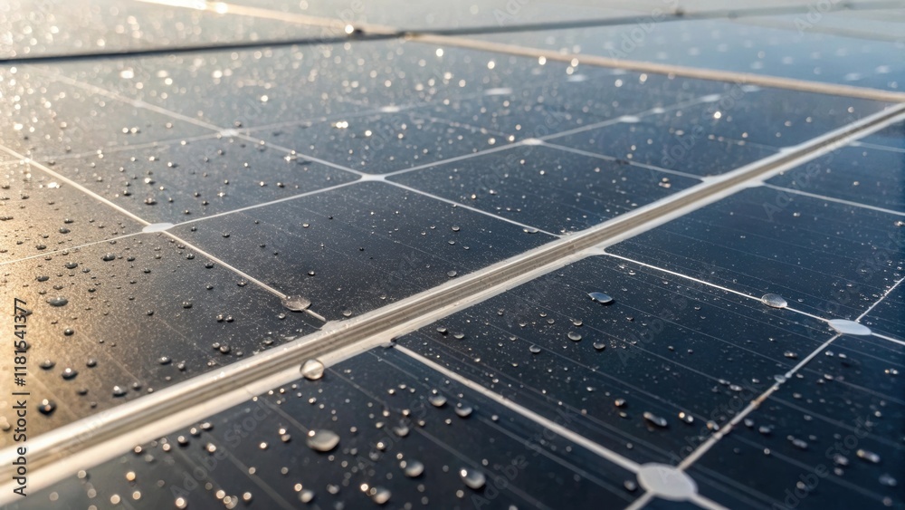 Poster A closeup of a solar panels surface showcasing tiny dust particles and water droplets that capture the light emphasizing the need for maintenance and the dynamic nature of energy