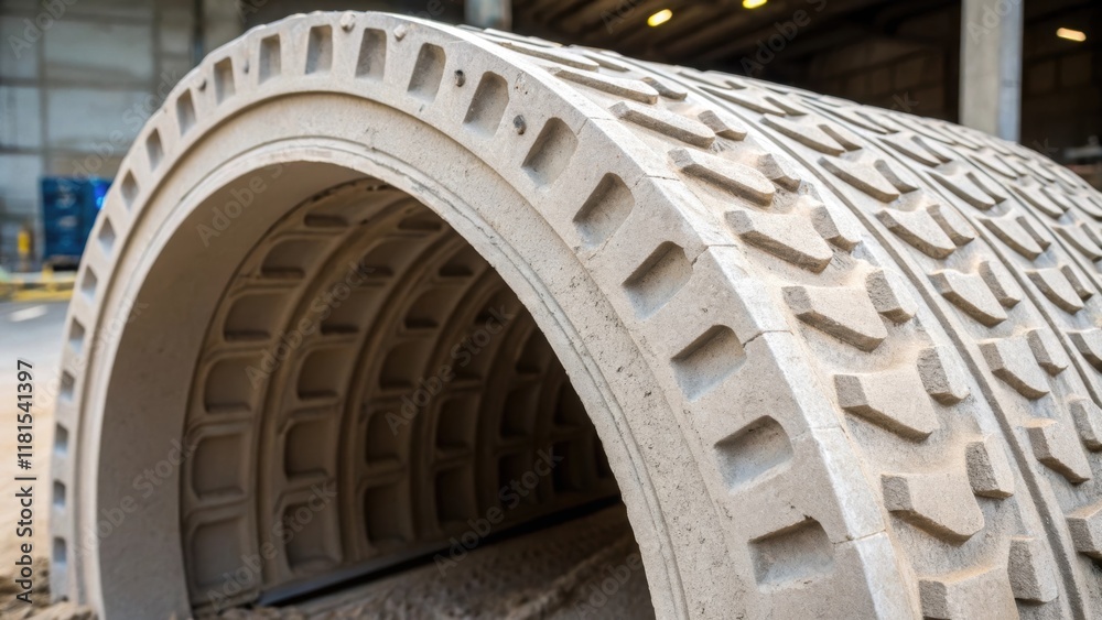 Aufkleber A closeup of a singular precast tunnel segment featuring an array of textured patterns that enhance grip and visibility. The rugged surface contrasts with the smooth edges