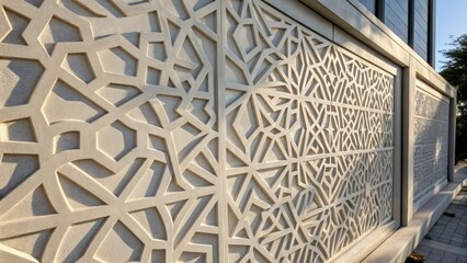 A closeup of a single precast cladding panel displaying intricate geometric patterns embossed on its surface. The shadows cast by the panel create a striking interplay of light