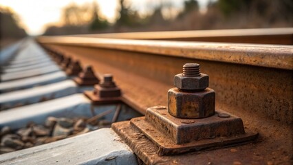 Fototapeta premium A closeup of a single rusted rail fastener juxtaposed against pristine new clips symbolizing the history and durability of rail infrastructure. A soft diffused light casts gentle