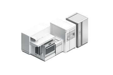 Modern White Kitchen Appliances Set: Isometric View of Oven, Ref