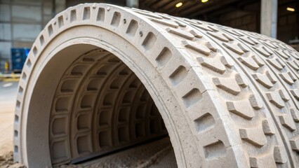A closeup of a singular precast tunnel segment featuring an array of textured patterns that enhance grip and visibility. The rugged surface contrasts with the smooth edges