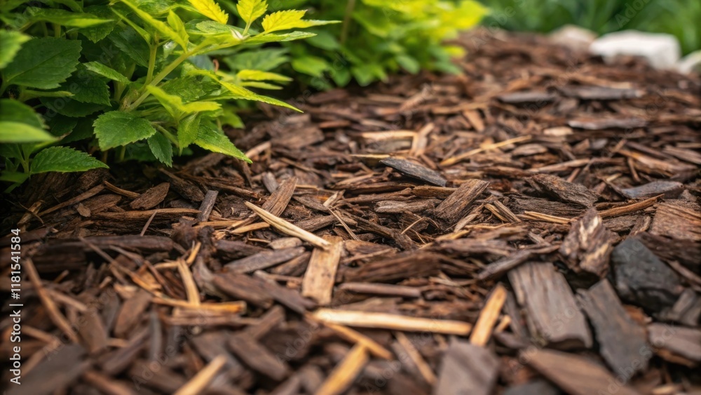 Poster a closeup of a variety of ecofriendly mulch deep dark wood chips accompanied by natural straw freshl