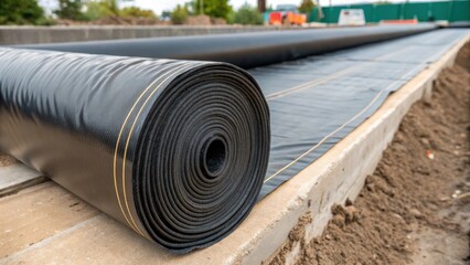 A closeup of a transport roll of stormwater liners being unrolled on the construction site. The image captures the moment the edge of the thick material starts to unwind showing
