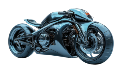 Futuristic motorcycle design featuring sleek lines and advanced technology in a modern setting. Isolated on transparent background, png.