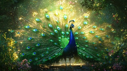 Obraz premium Vibrant peacock with an open tail standing in lush greenery surrounded by colorful flowers. Sunlight streams through the leaves, creating a magical and serene scene. Generative by AI.