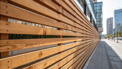Obraz premium A closeup of a wooden slat design for noise reduction where natural wood grain and knots tell a story of organic growth. The warm tones of the wood stand out against the urban