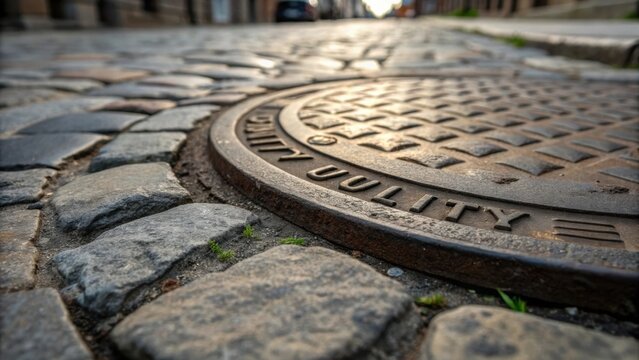 A closeup of a utility vaults edge as it meets the cobblestone street