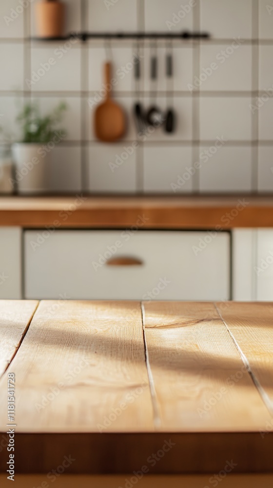 Poster Sunlight illuminating an empty wooden table in a modern kitchen, creating a warm and inviting atmosphere, perfect for displaying products or showcasing culinary creations
