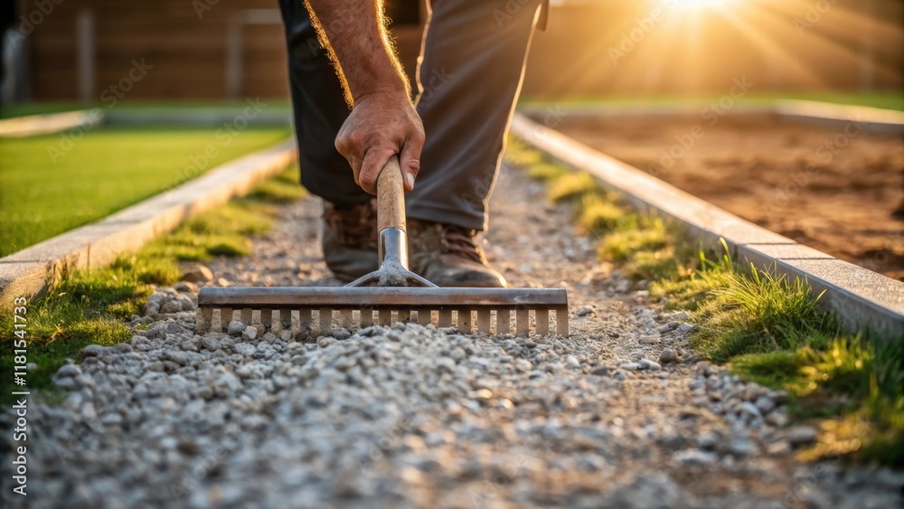 Poster a closeup of a workers hands smoothing out the gravel with a rake the muscles defined and focused. p