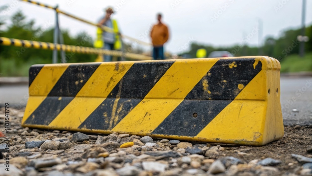 Poster a closeup of a yellow plastic traffic barrier with bold black stripes slightly weathered and scratch