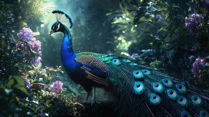 Fototapeta premium Vibrant peacock with an open tail standing in lush greenery surrounded by colorful flowers. Sunlight streams through the leaves, creating a magical and serene scene. Generative by AI.