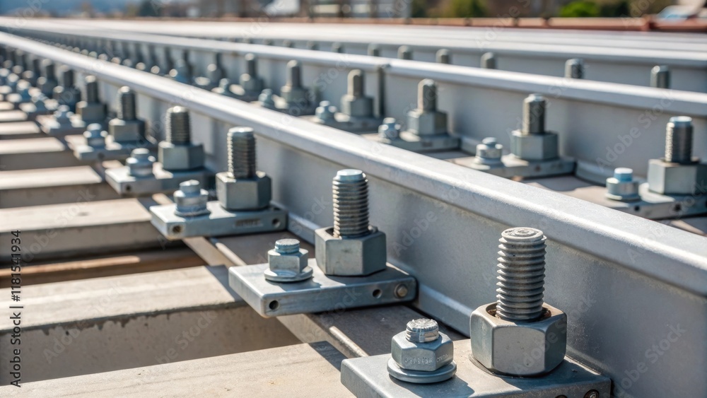 Aufkleber A closeup of securing elements such as brackets and bolts dramatically contrasting with the cold steel beams which are arranged in neat rows providing insight into the assembly and