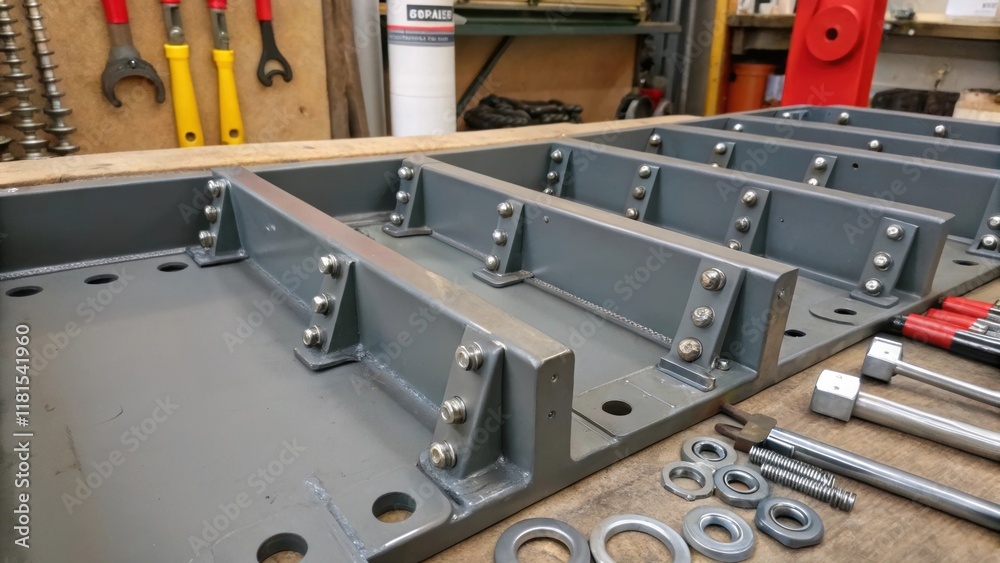 Poster A closeup of the assembly brackets used to secure the tank components set against a backdrop of tered tools and fasteners. The metal is painted in an industrial gray creating a