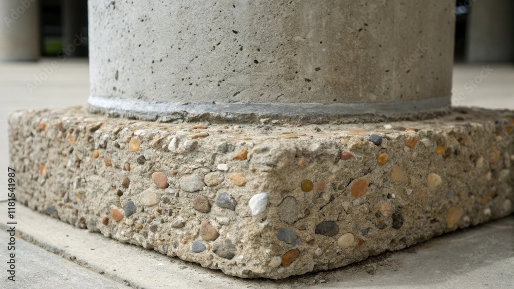Poster A closeup of the base of a concrete pillar where it meets the foundation. The concrete shows various aggregates and small stones embedded within it showcasing the raw materials
