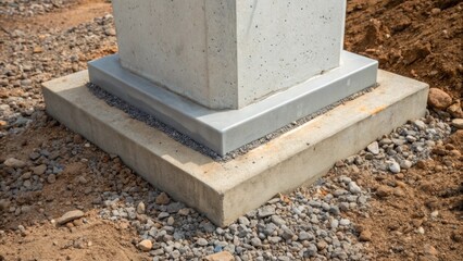 A closeup of the base of a precast concrete column where it connects with the ground. The solid foundation is visible with gravel and soil tered around suggesting the careful