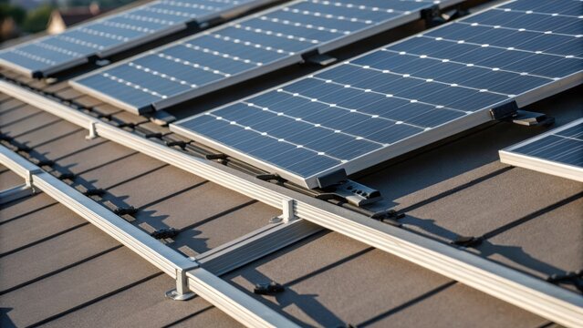 A closeup of solar panel mounts arranged in a staggered configuration showcasing their angled positioning to optimize sunlight exposure. The image delicately captures the interplay