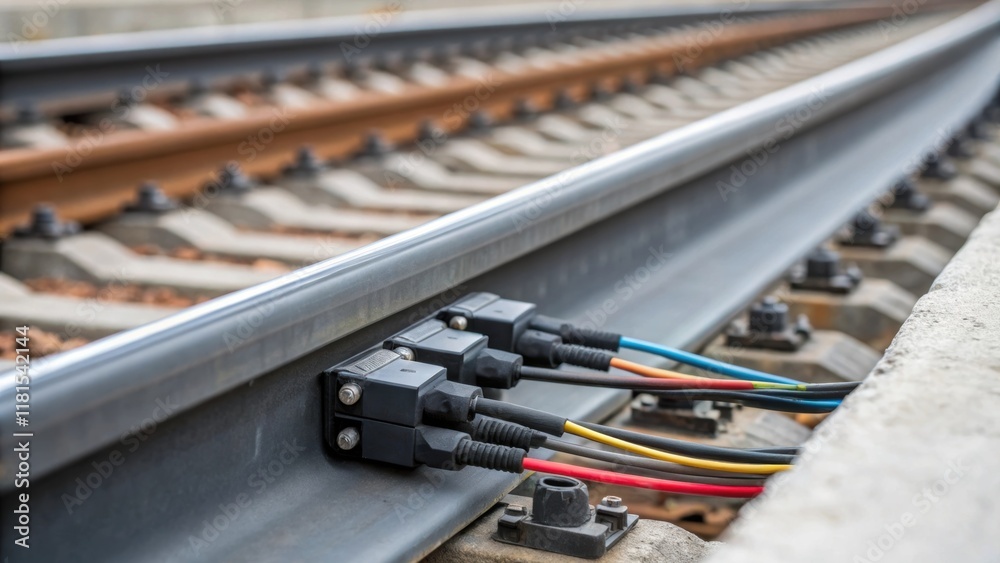 Poster A closeup of the electrical connectors protruding from the ends of a track segment highlighting the integration of modern technologies into traditional rail infrastructure. Wires