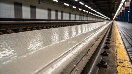 Obraz premium A closeup of the edge of a subway segment reveals the dimensions of the manufacturing process. The smooth clean contrasts with the surrounding jagged edges as light highlights the