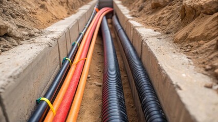 A closeup of the duct entries displaying their openings at the trenchs edge where cables are ready to be pulled through. The image reveals the contrasting materials of rubber