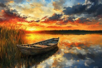 Fototapeta premium Sky sunset and boat on the water. Modern impressionism,Original oil painting on canvas. 