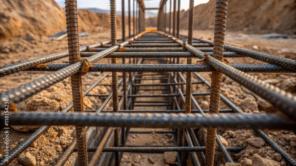 Aufkleber A closeup of the heavyduty rebar framework reveals its intricate lattice creating a robust structural skeleton intended to support the water retention walls. Rust spots on the
